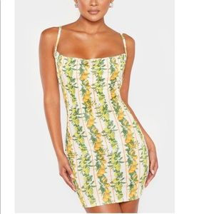 Yellow Strappy Fruit Print Cowl Neck Bodycon Dress